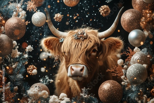 scottish highlander cow in an explosion of flowers christmas style artwork photo