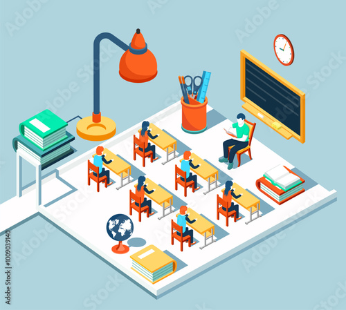 Classroom concept with teacher and students during a lesson. Isometric school class in flat design vector illustration

