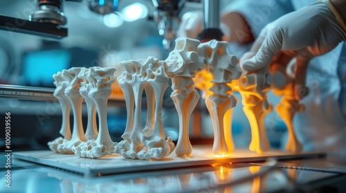 A CAD engineer designs modern knee and hip prostheses, preparing them for 3D printing, with the 3D printer in action in the background.
