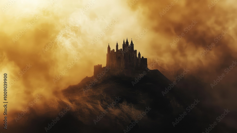 Obraz premium A mysterious castle shrouded in fog, set against a dramatic golden sky, evoking a sense of fantasy and adventure.