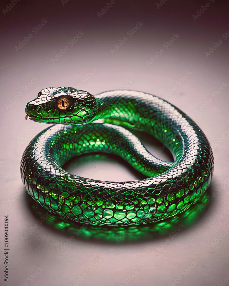 Obraz premium A green snake with a gold eye is curled up on a table