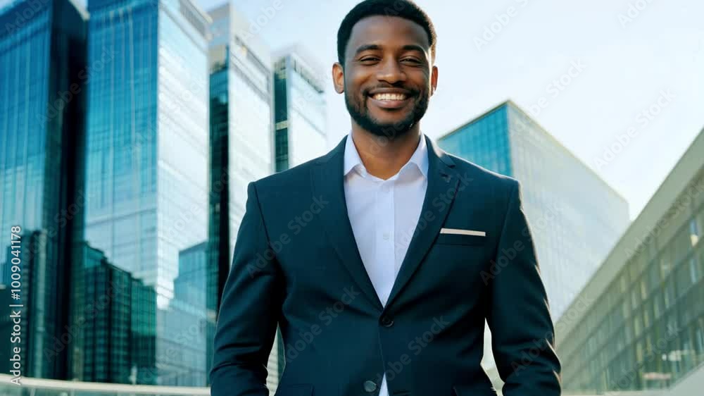 Afro american businessman in a suit walking confidently down the street with skyscrapers and a business center in the background Afro american businessman in a suit walking confidently down the street with skyscrapers and a business center in the background