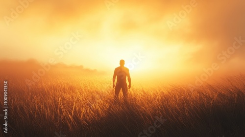 Silhouette of a man standing in a golden wheat field during a vibrant sunset