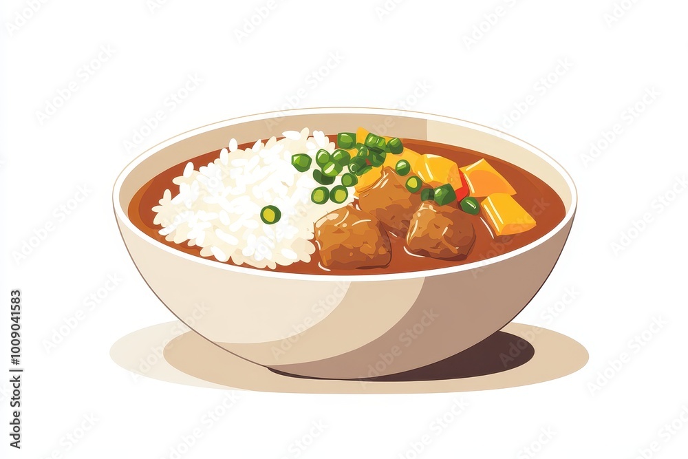 A delicious bowl of curry served with rice and vibrant vegetables, perfect for a hearty meal or comfort food craving, white background A delicious bowl of curry served with rice and vibrant vegetables, perfect for a hearty meal or comfort food craving, white background