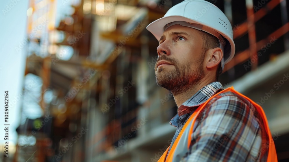A male engineer in a hard hat and safety vest stands confidently on a busy construction site, surveying the progress of the building work around him. A male engineer in a hard hat and safety vest stands confidently on a busy construction site, surveying the progress of the building work around him.