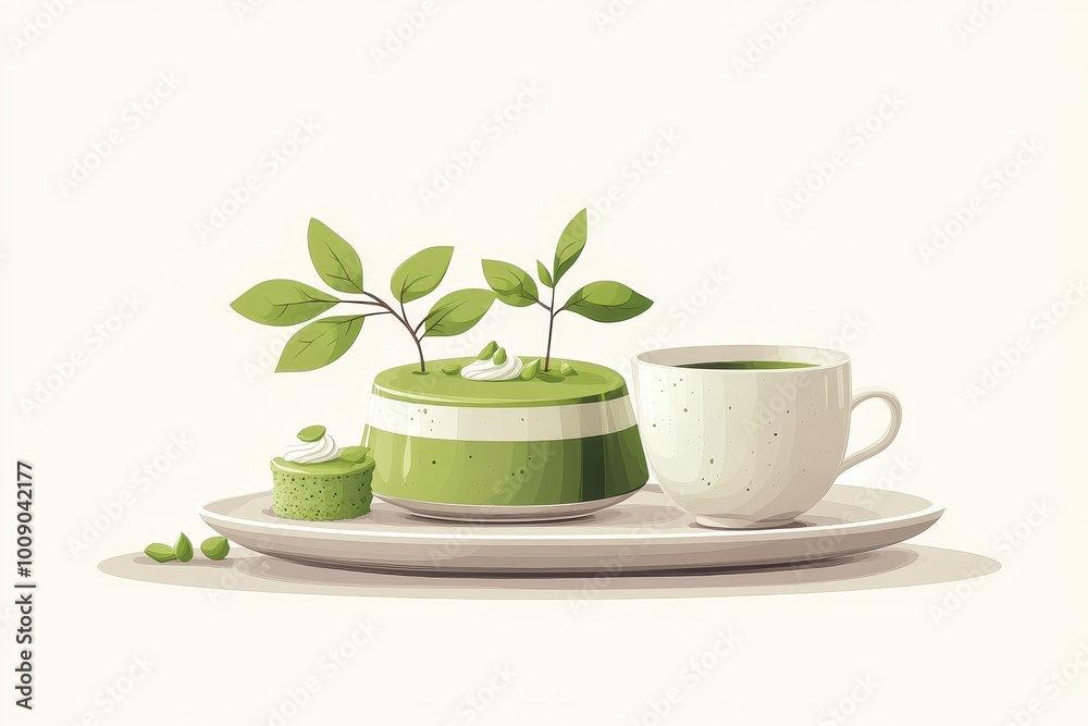 A delightful green dessert accompanied by a cup of tea, symbolizing freshness and culinary creativity, white background A delightful green dessert accompanied by a cup of tea, symbolizing freshness and culinary creativity, white background