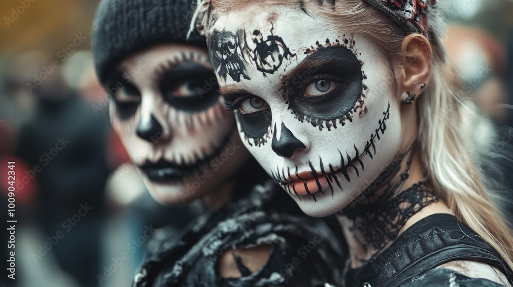 Vibrant Dia de los Muertos Celebration with Intricate Sugar Skull Makeup and Floral Crowns Vibrant Dia de los Muertos Celebration with Intricate Sugar Skull Makeup and Floral Crowns