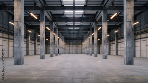 Industrial Haven, an expansive empty warehouse featuring sturdy concrete pillars and suspended lights, exudes a raw, urban aesthetic perfect for creative endeavors.