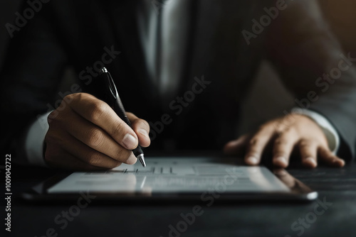 Anonymous businessman signs digital contract on tablet