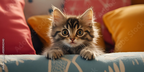 Cute Kitten with Stuffed Animals on a Cozy Couch