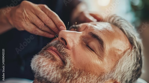 A serene moment showcasing a man receiving acupuncture treatment, highlighting relaxation and wellness in a calming environment.