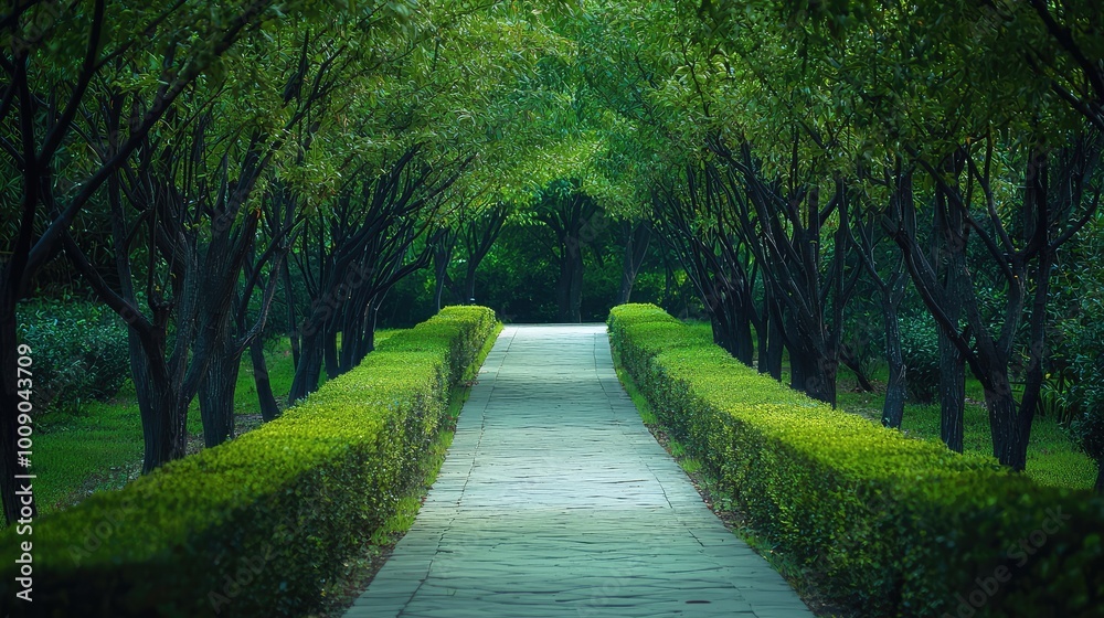 Obraz premium A serene pathway lined with lush greenery, inviting tranquility and peaceful walks in nature.