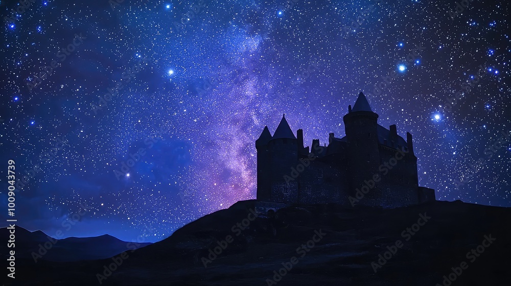 Obraz premium A serene silhouette of a castle under a starry night sky, showcasing the beauty of the universe and timeless architecture.