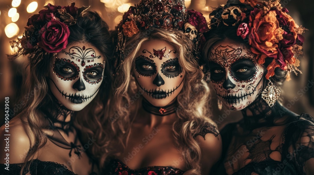 Group of People in Dia de los Muertos Makeup with Colorful Floral Decorations Group of People in Dia de los Muertos Makeup with Colorful Floral Decorations