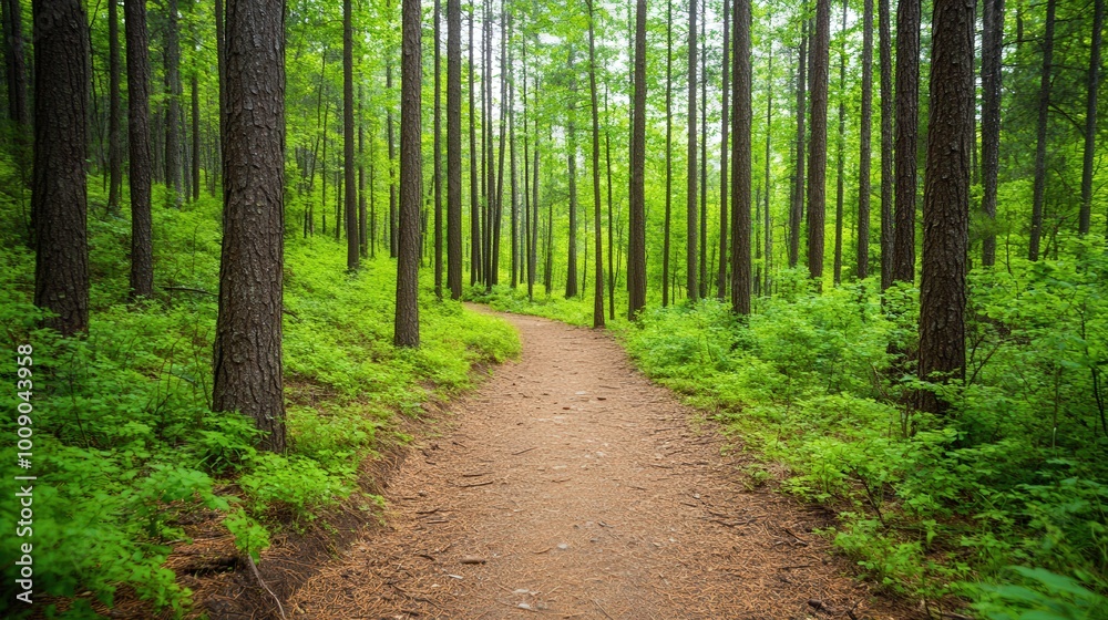 Forest Trail Adventure, a vibrant summer hike through lush greenery, offering an open space for reflection and connection with nature amidst towering trees and serene landscapes