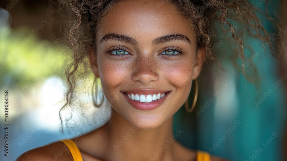 Beautiful woman with curly hair and blue eyes smiling Beautiful woman with curly hair and blue eyes smiling