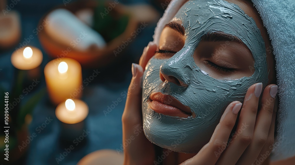 A serene woman applying a green facial mask, relaxing in a spa atmosphere with candles and soothing decor. A serene woman applying a green facial mask, relaxing in a spa atmosphere with candles and soothing decor.
