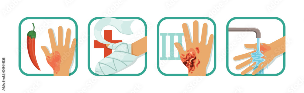 Obraz premium Hand Burn Degree and First Aid Procedure Vector Set