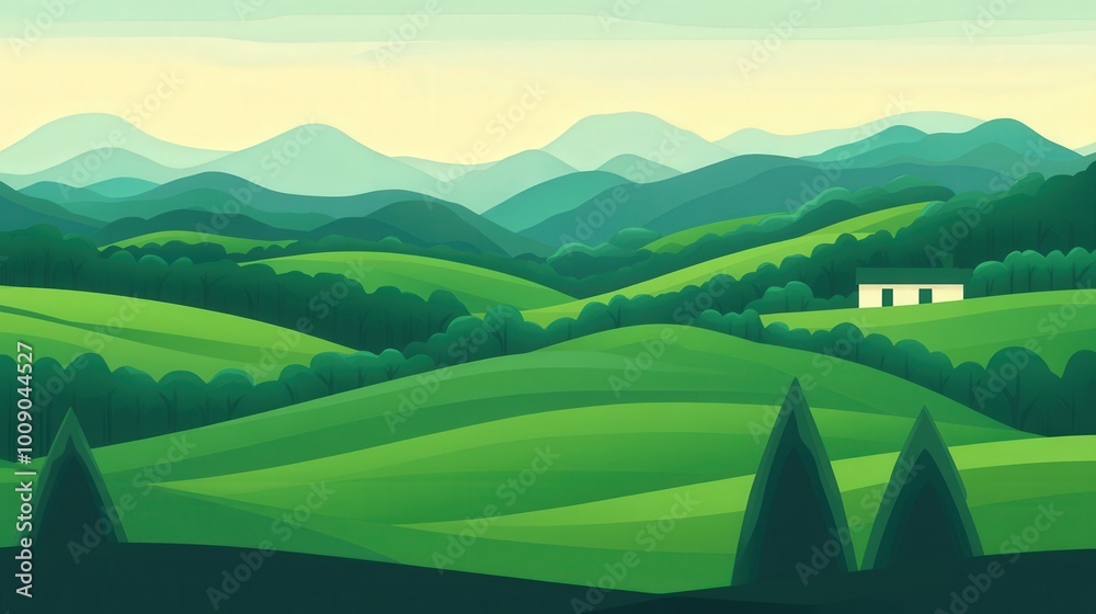 Vibrant Green Hillscape, a serene and colorful illustration showcasing undulating hills covered in rich greenery, inviting tranquility and a sense of openness.