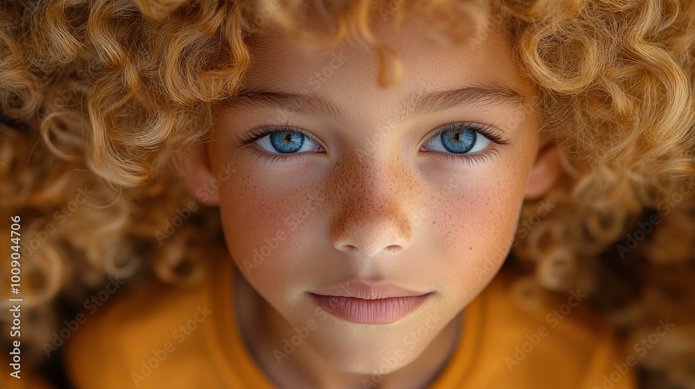 Close-up Portrait of a Young Girl with Blue Eyes and Curly Blonde Hair