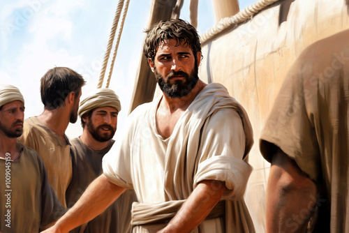 Biblical Jonah negotiating with sailors to board a ship, depicting the start of his journey as he attempts to flee from God's command.