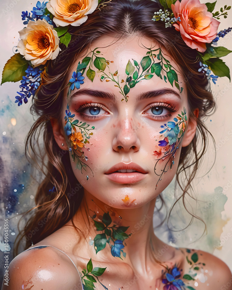 Obraz premium A woman with a flowery face paint and a flower crown