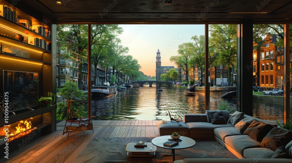 Fototapeta premium Create a modern apartment with panoramic windows overlooking the picturesque canals and historic architecture of Amsterdam, capturing the citys charm