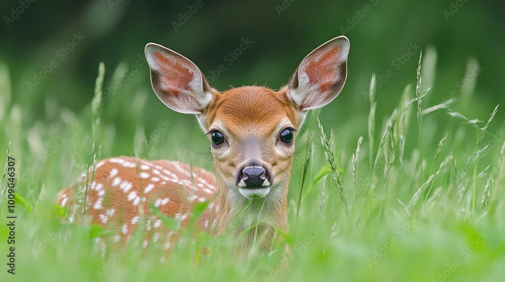 A red deer fawn peeking out from behind tall grass, its small head and big eyes visible as it cautiously explores the open meadow.