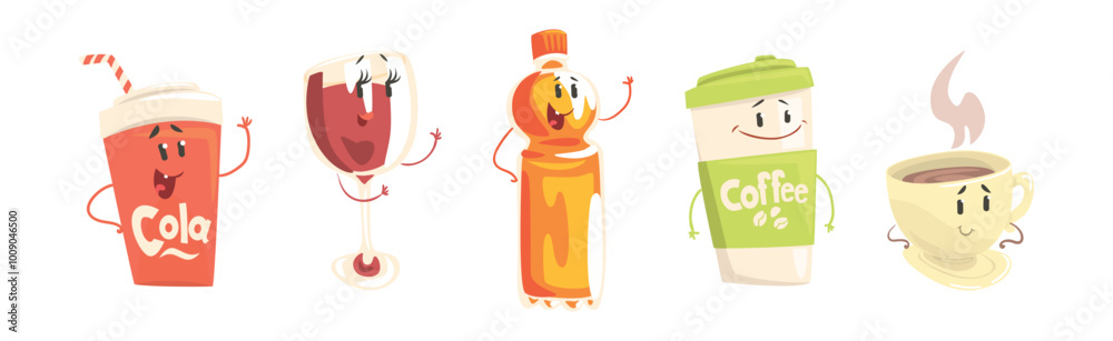 Obraz premium Funny Drink Character with Face and Arms Vector Set
