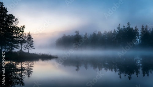 Misty morning lake with trees