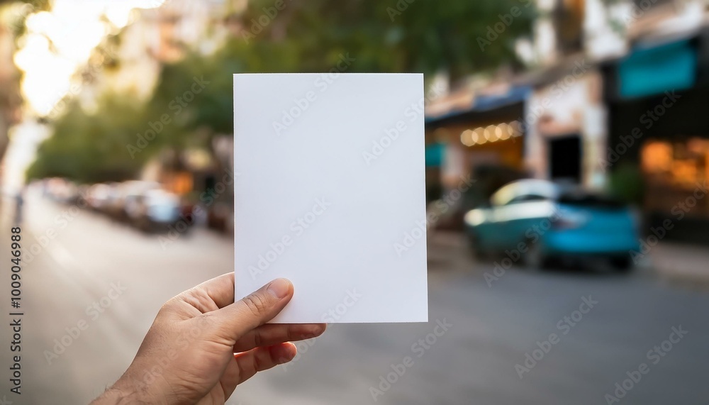 Hand holding blank card in city Hand holding blank card in city