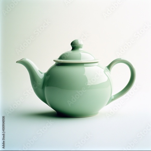 A pale green teapot with a rounded body and a lid, designed for brewing tea.