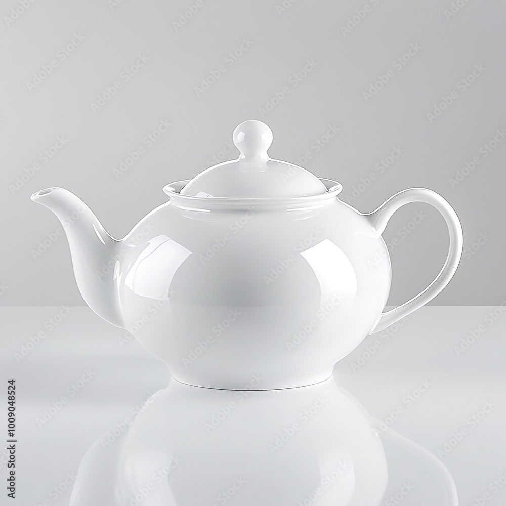 A simple white teapot with a round body and lid, designed for serving tea. A simple white teapot with a round body and lid, designed for serving tea.