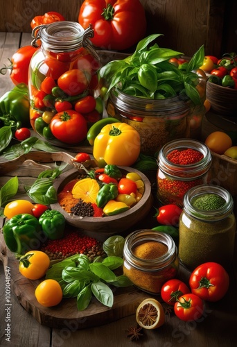 Fototapeta Naklejka Na Ścianę i Meble -  vibrant close assorted colorful ingredients showcasing fresh culinary delights eye catching arrangement, herbs, spices, produce, vegetables, fruits