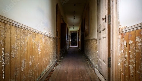 A long, dark hallway in an old, abandoned building.