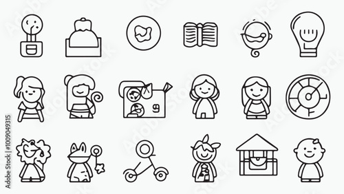 Set of outline icons related to kids. Linear icon collection. Editable stroke. Vector 