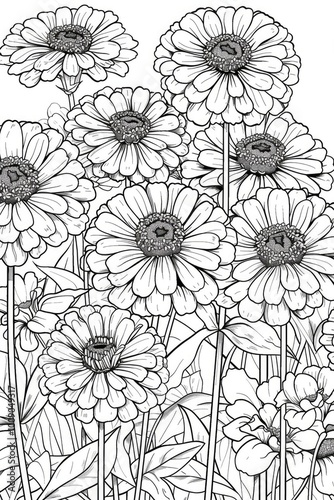 Coloring book illustration of Zinnia flowers Vibrant blooms in a garden setting Floral art home gardening and nature elements