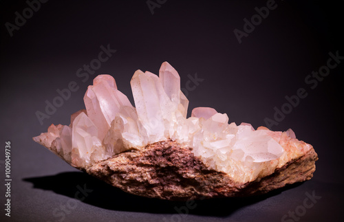 Quartz crystals with cinnabar inclusions showcasing vibrant red and clear formations. photo