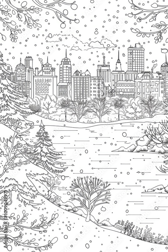 Obraz premium Coloring book illustration of a serene winter landscape with city elements