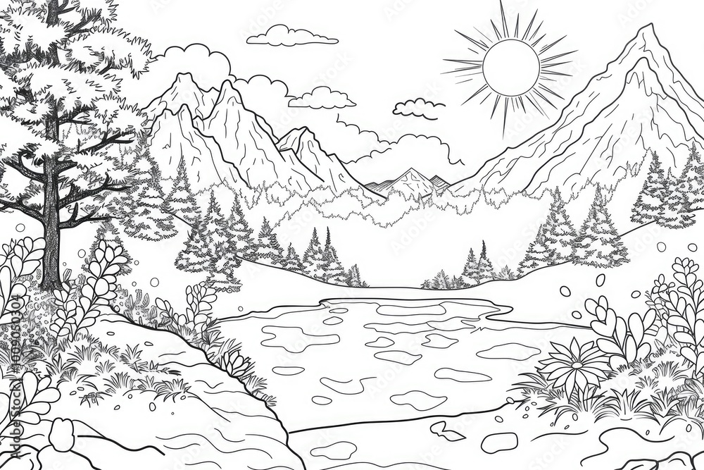 Coloring book illustration of a snow covered mountain landscape featuring sunshine and fog Coloring book illustration of a snow covered mountain landscape featuring sunshine and fog