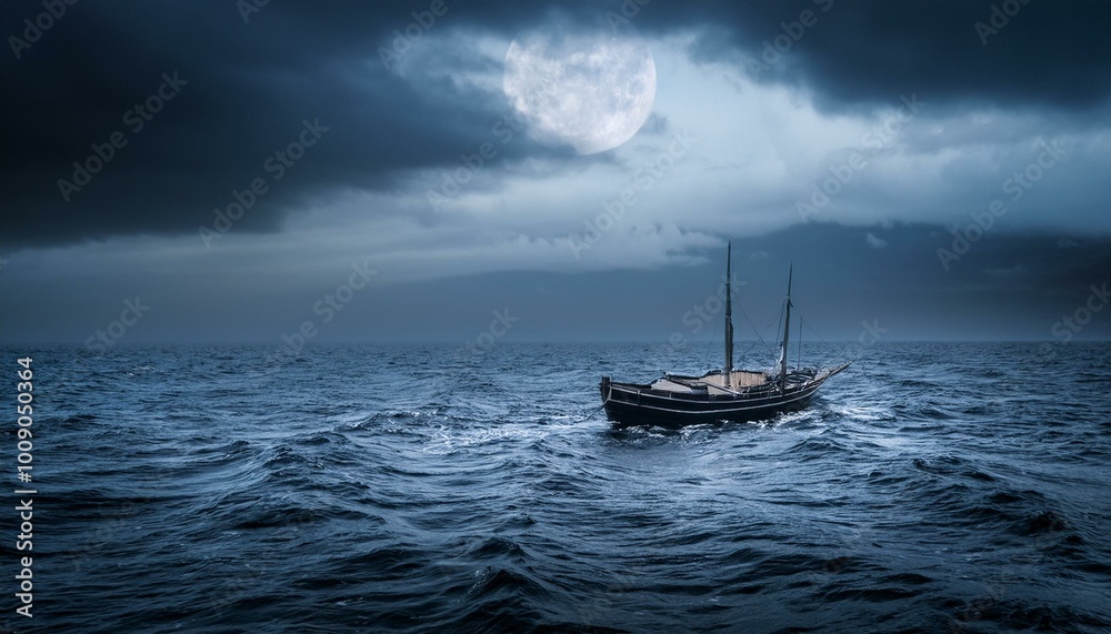 Fototapeta premium Lonely sailboat at sea under a full moon