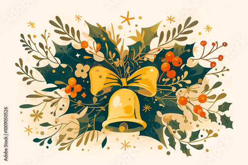 Christmas Theme, Bow Bells Illustration Clipart,Christmas elements, can be used for greeting cards, invitations, advertisements, banners, stickers, labels