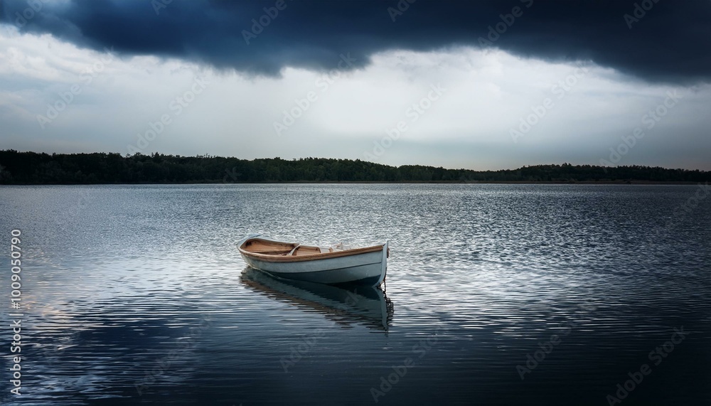 Rowboat on calm lake with storm clouds Rowboat on calm lake with storm clouds