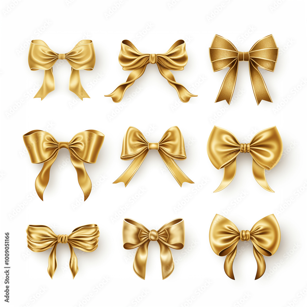 Gold Bow and Ribbon Set Isolated on White, Christmas Gift Decoration, Clipart Element for Celebrations. Gold Bow and Ribbon Set Isolated on White, Christmas Gift Decoration, Clipart Element for Celebrations.