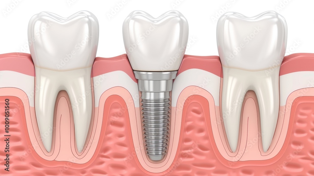 An illustration of a human denture in good health showing the structural distinctions and similarities between the implant and natural teeth. An illustration of a human denture in good health showing the structural distinctions and similarities between the implant and natural teeth.
