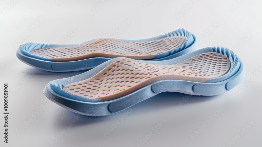 Isolated pair of orthopedic insoles on a white backdrop, designed for foot disease prevention and flat feet treatment, highlighting their construction and materials. Isolated pair of orthopedic insoles on a white backdrop, designed for foot disease prevention and flat feet treatment, highlighting their construction and materials.