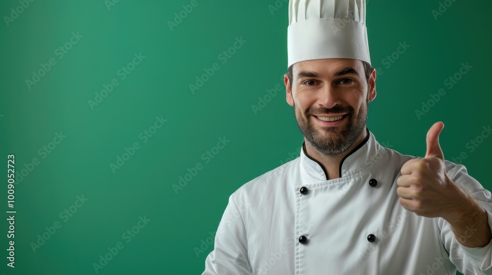 A successful meal is symbolized by a confident smile and a thumbs up from a male chef wearing a white uniform and hat. Green screen background isolated. A successful meal is symbolized by a confident smile and a thumbs up from a male chef wearing a white uniform and hat. Green screen background isolated.