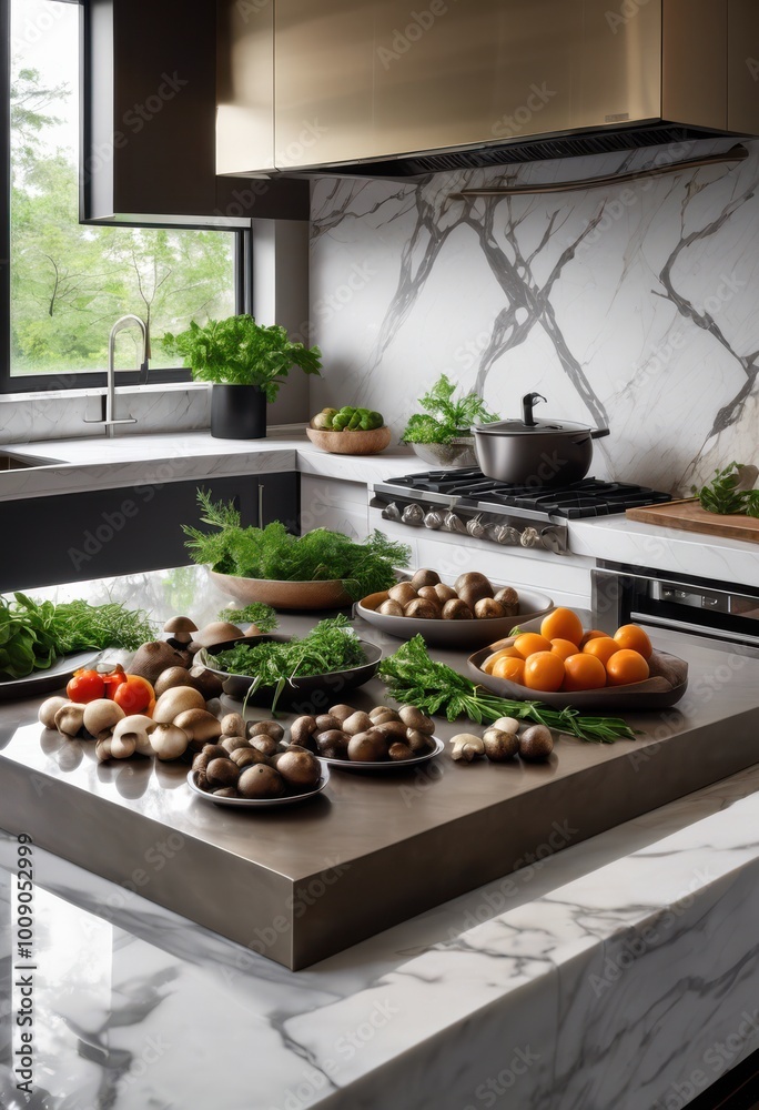 modern kitchen setup featuring mushroom preparation sleek appliances fresh ingredients culinary enthusiasts, counter, chef, utensils, cutting, chopping, plate modern kitchen setup featuring mushroom preparation sleek appliances fresh ingredients culinary enthusiasts, counter, chef, utensils, cutting, chopping, plate