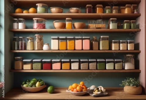 Wallpaper Mural aesthetic arrangement neatly organized pantry shelves showcasing colorful fresh harmonious labels, aesthetics, baskets, bottles, cabinets, canisters Torontodigital.ca