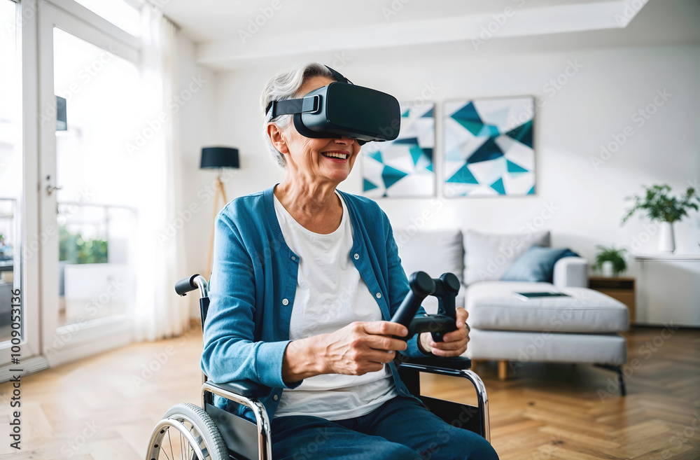Old woman in wheelchair smiling and playing games on virtual reality headset googles, augmented reality glasses, disability concept